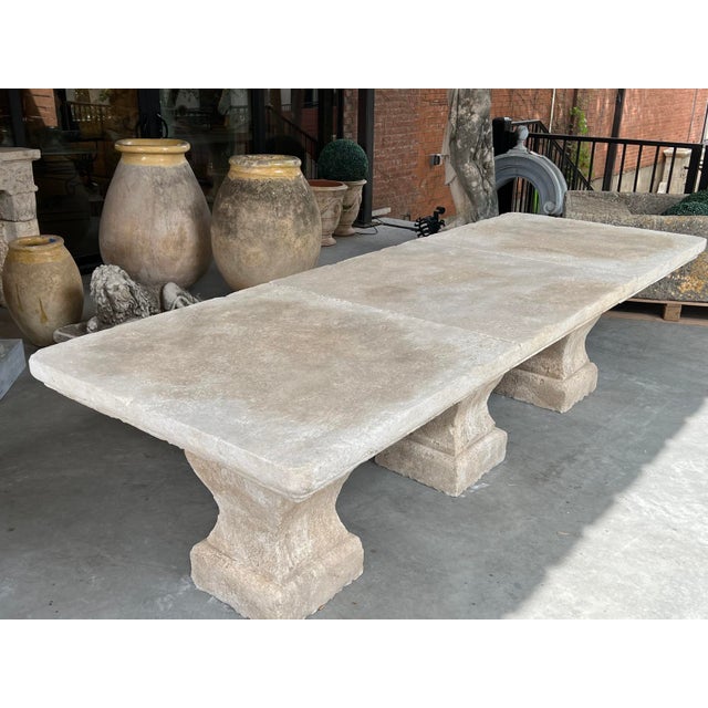 Authentic Hand Carved 3-Pedestal Limestone Garden Table From Provence, France For Sale - Image 11 of 18