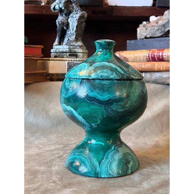 Vintage Empire Revival Faux Malachite Hand Painted Small Table Article Urn For Sale In Palm Springs - Image 6 of 9