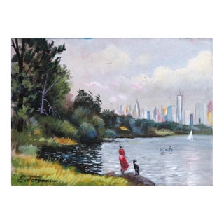 Manhattan View, Erik Freyman Oil on Board, Signed Lower Left For Sale