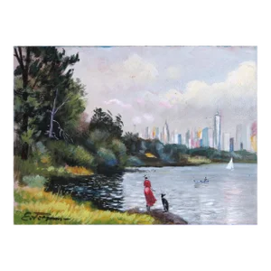 Manhattan View, Erik Freyman Oil on Board, Signed Lower Left