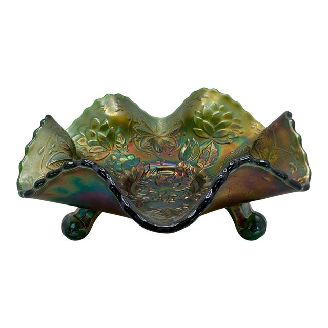 Fenton Water Lily Green Carnival Glass Footed Bowl For Sale
