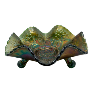 Fenton Water Lily Green Carnival Glass Footed Bowl
