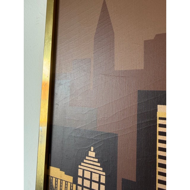 1970s Vintage Franco Modernist Cityscape Acrylic on Canvas Painting – Gold Aluminum Frame For Sale - Image 10 of 11