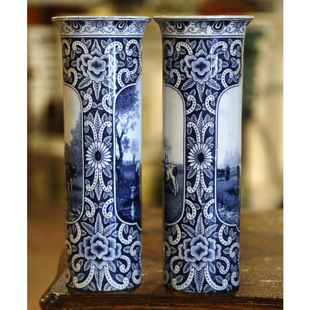 Ceramic Pair of 19th Century Dutch Delft Blue and White Faience Cattle Scene Vases For Sale - Image 7 of 13