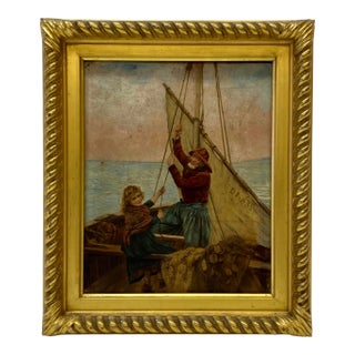 19th Century Georges Jean Marie Haquette "Fishermans Daughter" Original Oil Painting W/Print For Sale