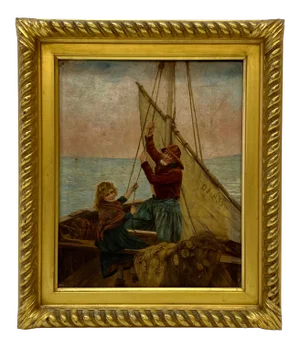 19th Century Georges Jean Marie Haquette "Fishermans Daughter" Original Oil Painting W/Print