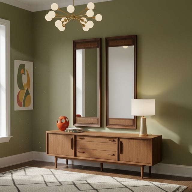 Brown Pair of Large Mid-Century Modern Walnut and Cane Wall Mirrors by R-Way Furniture For Sale - Image 8 of 13