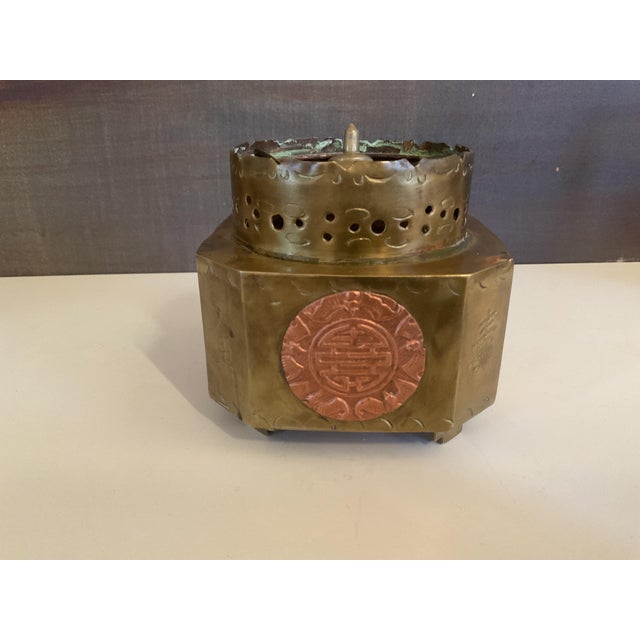Chinese Vintage Brass & Copper Chinese Incense Burner With Longevity Medallion For Sale - Image 3 of 13