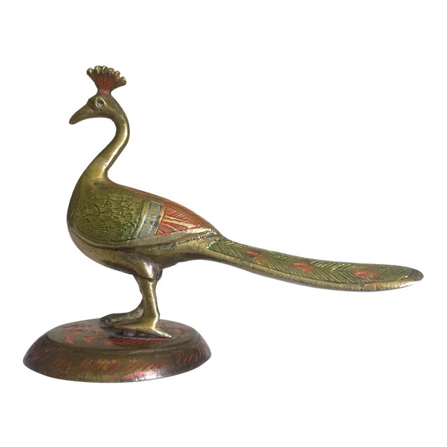 Vintage Mid Century India Cast Brass Hand Incised Color Peacock Bird