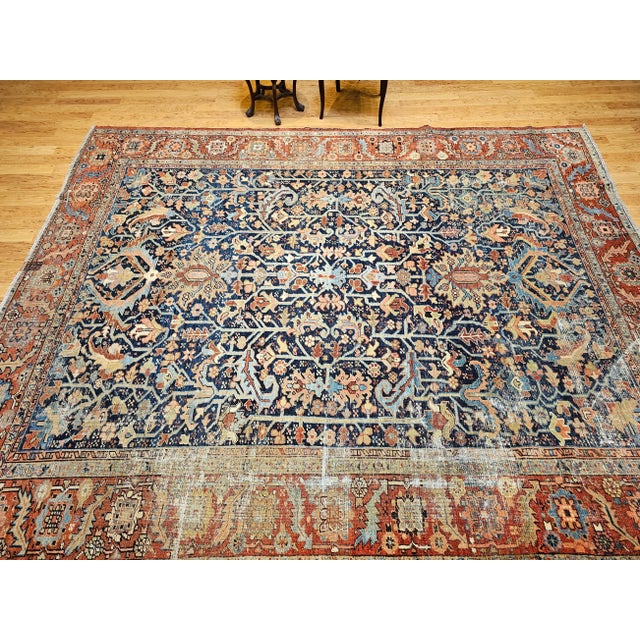French Country 19th Century Persian Heriz Serapi, Handwoven Allover Tree of Life Pattern, Navy & Brick Red, 9’ X 12’ For Sale - Image 3 of 12