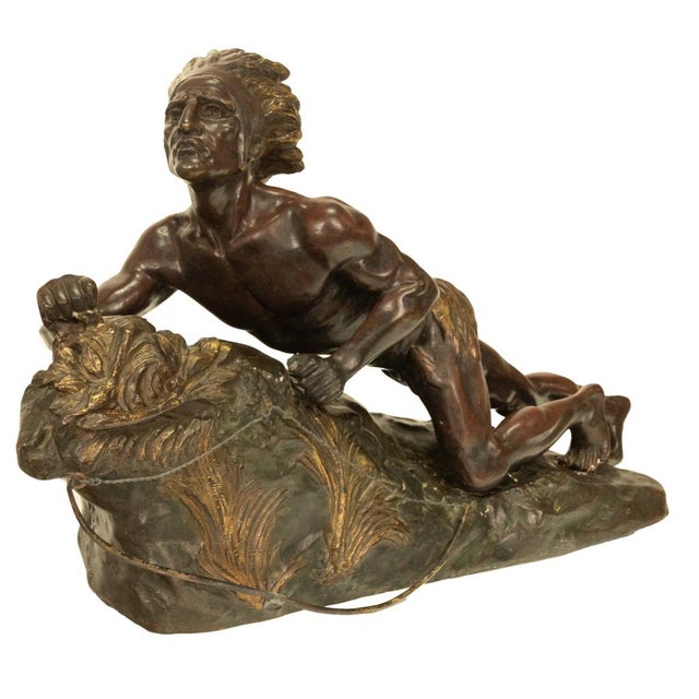 Antique French Art Deco Bronze Sculpture Native American Indian Hunter Scout by René-André Varnier, Circa 1920 For Sale - Image 4 of 18