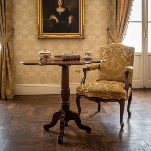 Walnut small table. Biscuit top with central maple and rosewood inlay, black painted trim. Turned central leg resting on...