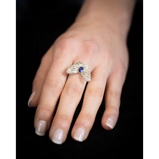 Blue Sapphire and Diamond Butterfly Motif Ring, Size 6.75 For Sale - Image 4 of 4