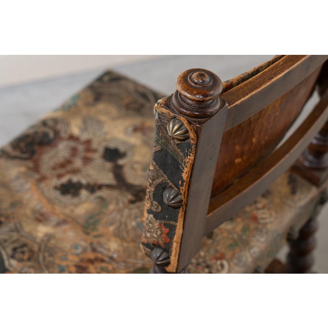 Small Antique 19th Century Walnut Dais Chair with Embossed Leather Upholstery, Spain For Sale - Image 5 of 13