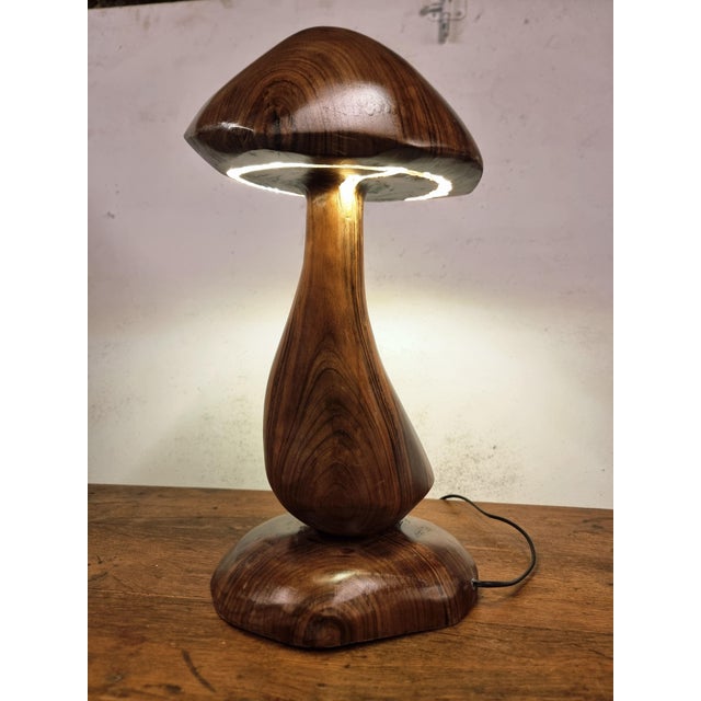 Wood Hand-Carved Wooden Mushroom Table Lamp with Integrated Led For Sale - Image 7 of 18