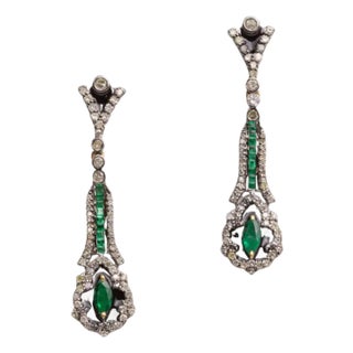 Emerald and Diamond Drop Dangle Earrings For Sale