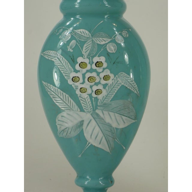 Mid 19th Century Vases Victorian Mantel 3-Pc. Set Bristol Glass Blue Opalescent Hand-Painted Floral Enamel For Sale - Image 6 of 12