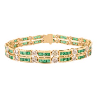 5.03 Ct Emerald & Diamond Double Row Tennis Wedding Bracelet in 14k Yellow Gold For Sale