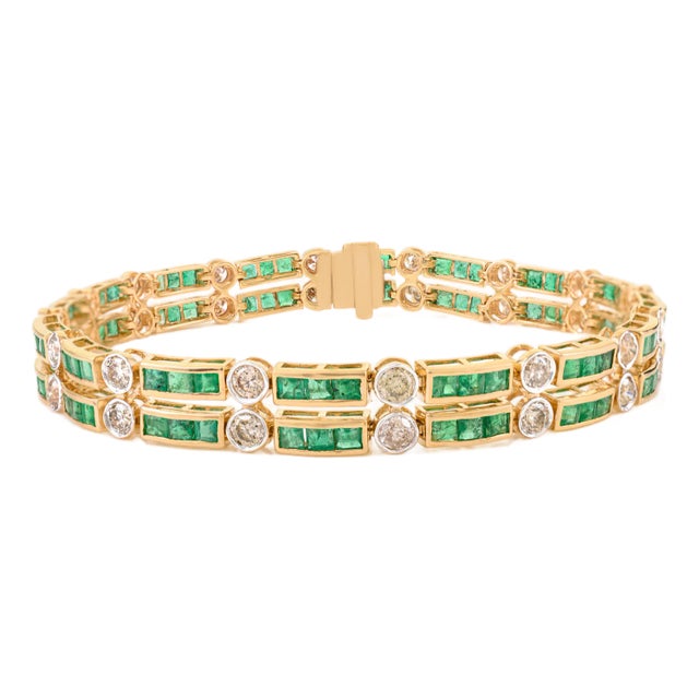 5.03 Ct Emerald & Diamond Double Row Tennis Wedding Bracelet in 14k Yellow Gold For Sale