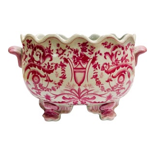 Chinoiserie Pink & White Footed Scalloped Cachepot in the Style of United Wilson For Sale
