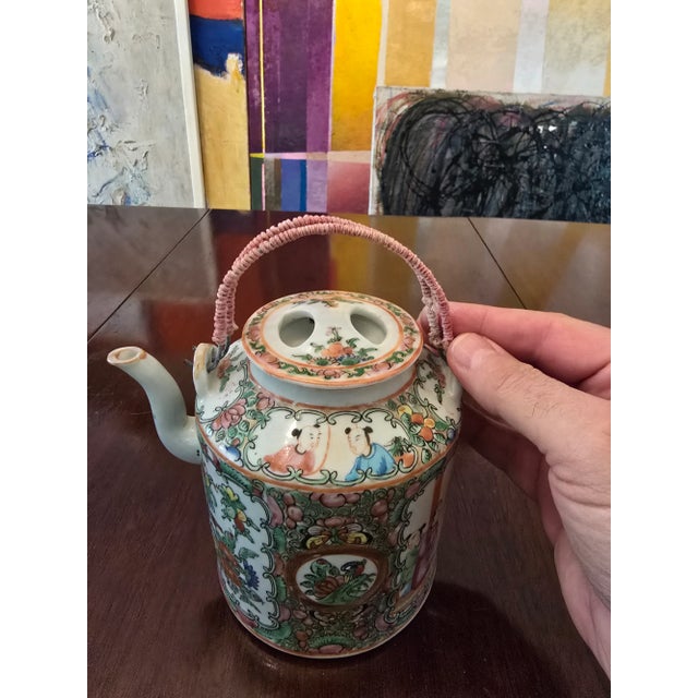 Art Nouveau Antique Chinese Porcelain Rose Medallion Tea Pot For Sale - Image 3 of 9