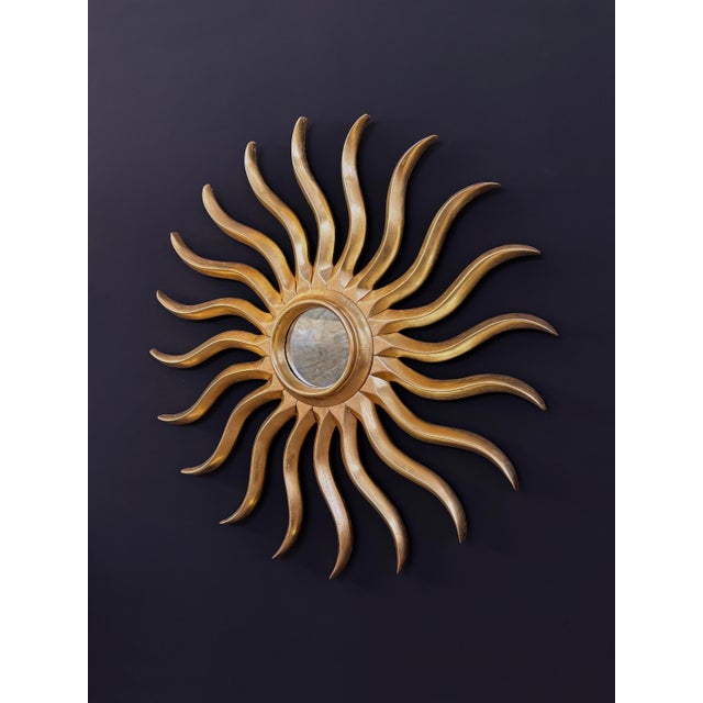 Mid-Century Modern Art Nouveau Sunburst Mirror, Hand-Carved Giltwood, Gold Leaf, Spain, 120 Cm For Sale - Image 3 of 4