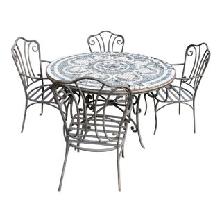 Patio Set Tile Top Table and 4 Chairs Wrought Iron For Sale