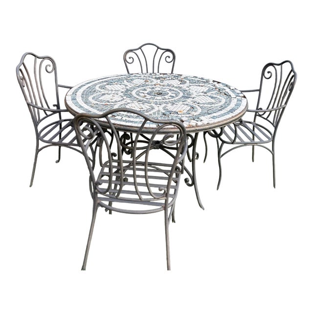 Patio Set Tile Top Table and 4 Chairs Wrought Iron For Sale