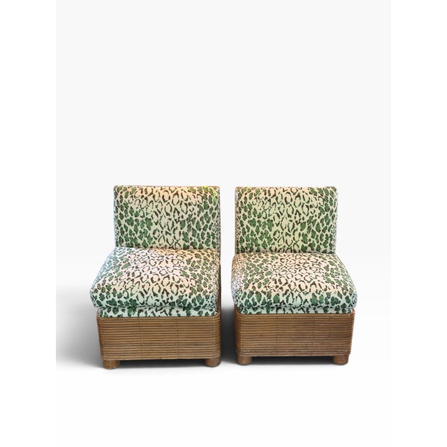 Pair of MCM Pencil Reed Rattan & Green Rose Cumming Leopard Slipper Chairs. Purchase at JF Chen.