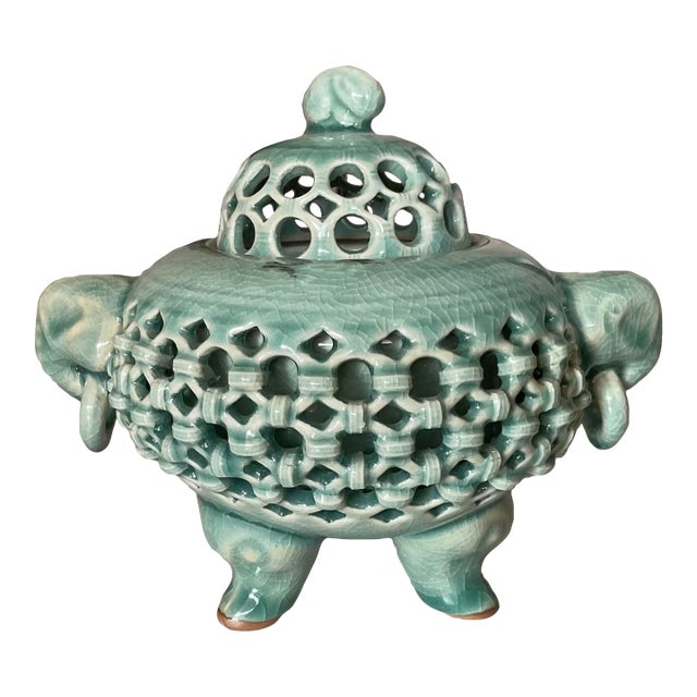 Korean Blue Celadon Style Lattice Design Incense Burner For Sale