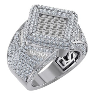 10K White Gold Round Baguette Diamond Designer SZ 10 Mens Ring 4 Cttw For Sale