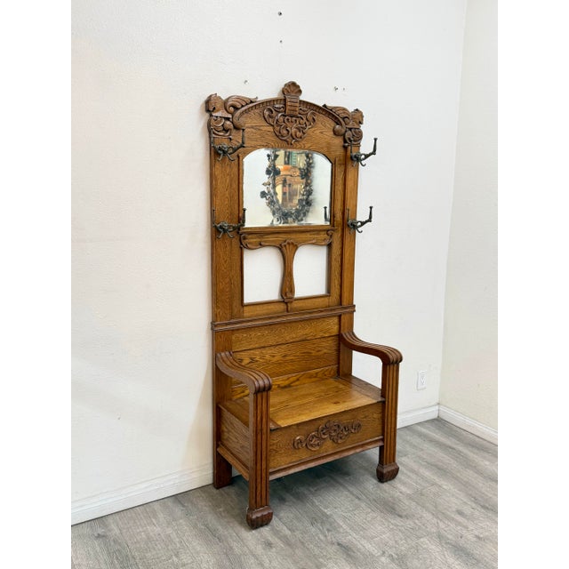 1950s Vintage Oak Hall Rack For Sale - Image 5 of 11