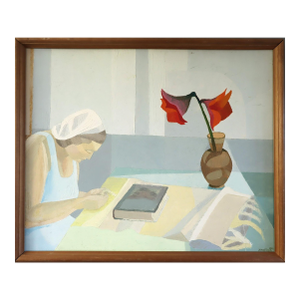 1953 Mid-Century Modern 'Figure and Flowers' Vintage Swedish Interior Figurative Oil Painting, Framed