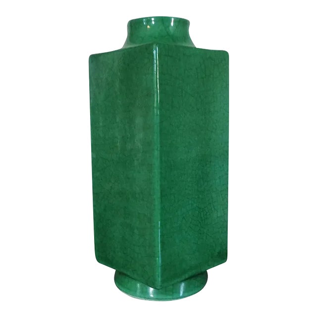 19th Century Chinese Monochrome Green Crackle Glaze Cong Shaped Vase For Sale