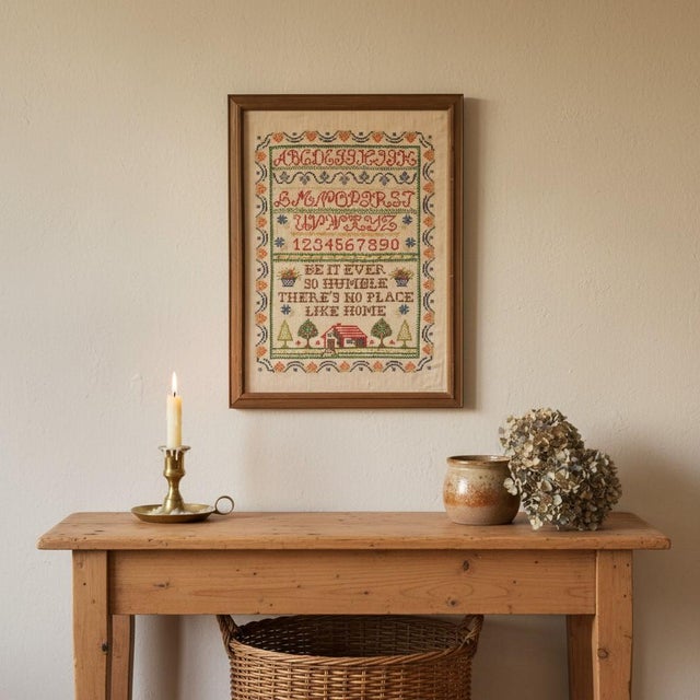 This vintage hand-stitched cross stitch sampler features a decorative alphabet, numerals, floral borders, and the beloved...