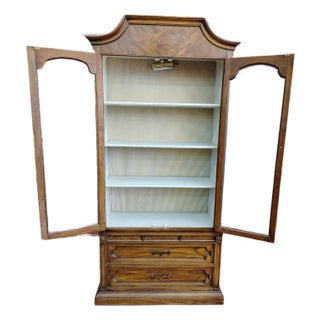 Vintage Chamberlain’s Two-Piece Walnut Display Cabinet With Lighting With Striped Interior For Sale