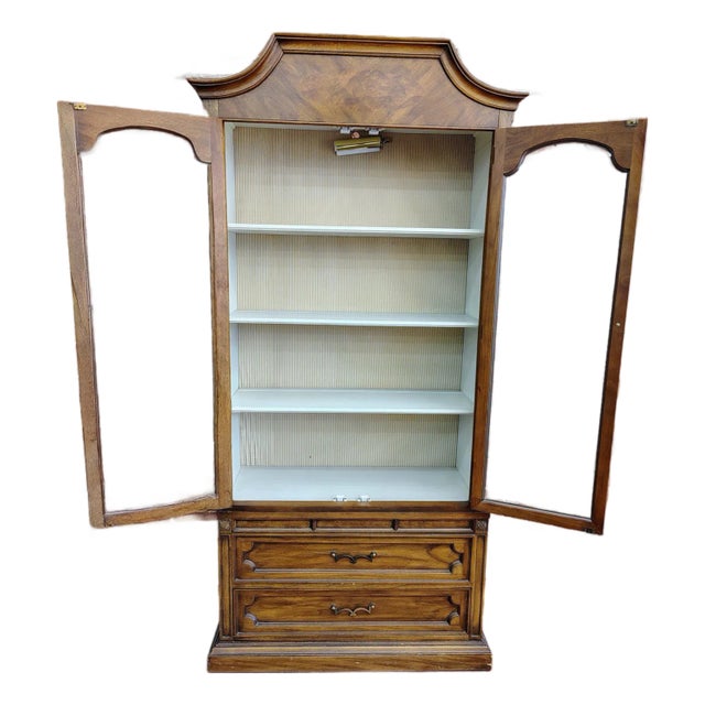 Vintage Chamberlain’s Two-Piece Walnut Display Cabinet With Lighting With Striped Interior For Sale