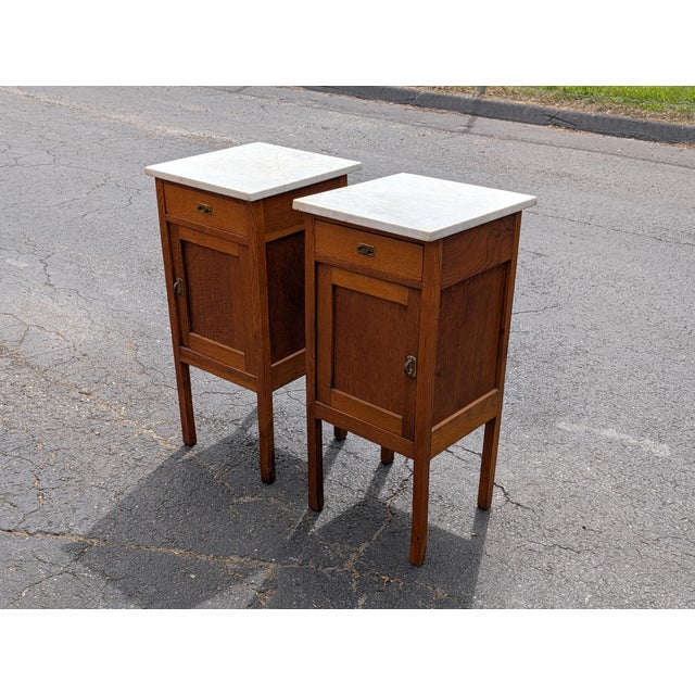 Late 19th Century Antique French Oak White Marble Top Bedside Cabinets - A Pair For Sale - Image 5 of 12