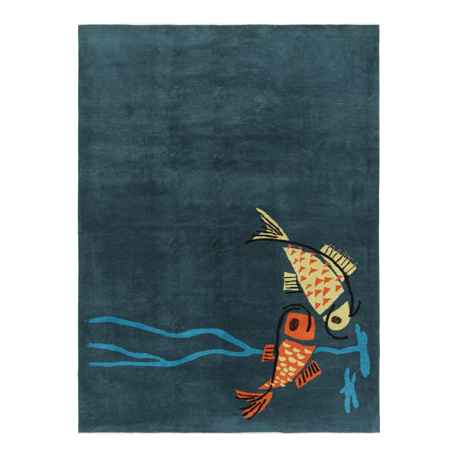 Vintage Zeki Müren Rug in Navy Blue With Fish Pictorials | Rug
