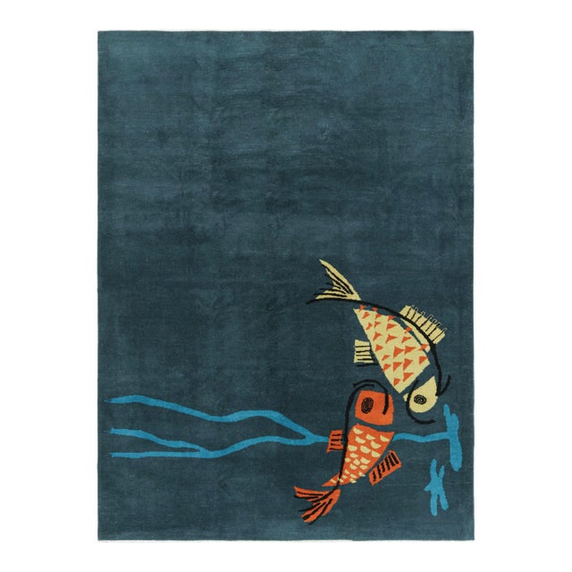 Vintage Zeki Müren Rug in Navy Blue With Fish Pictorials | Rug & Kilim For Sale