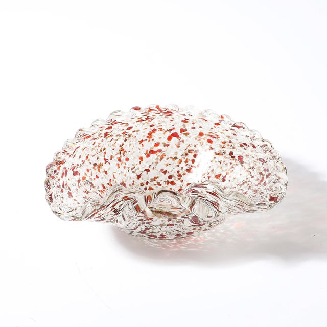 White Mid-Century Hand-Blown Murano Glass Bowl in White & Merlot Speckled Detailing For Sale - Image 8 of 13