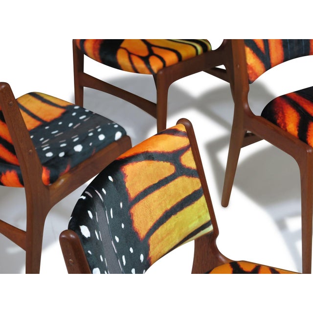 Mid 20th Century Restored Mid-Century Erik Buck Danish Teak Dining Chairs in Abstract Velvet Print For Sale - Image 13 of 15