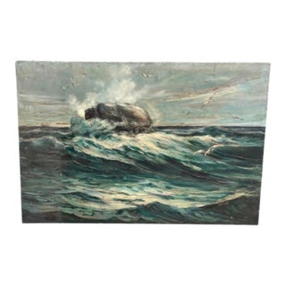 Painting – Mid-Century Impressionist Seascape With Crashing Waves & Seagulls (1969) For Sale
