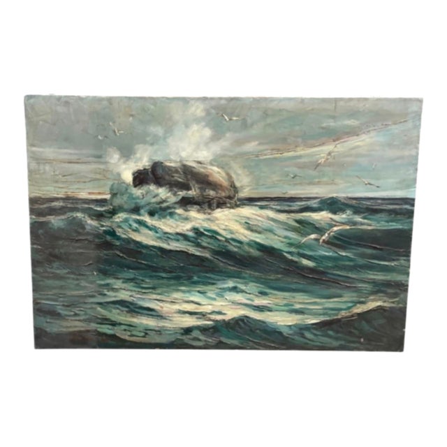 Painting – Mid-Century Impressionist Seascape With Crashing Waves & Seagulls (1969) For Sale