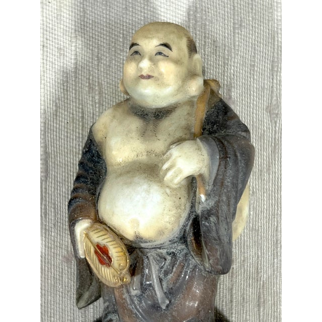 Wood Old Japanese Figures of Hotei the Buddha and Daikokuten God of Wealth, a Pair, Shadow Box Framed Wall Hangings For Sale - Image 7 of 12