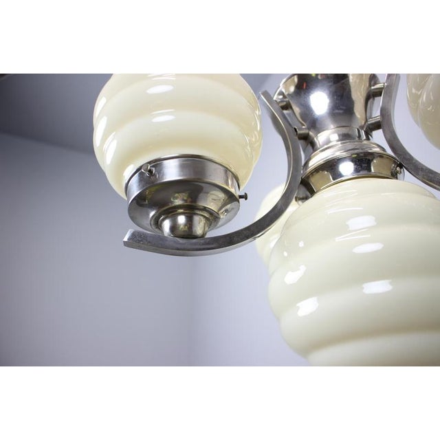 Glass Vintage Art Deco Chrome Chandelier with Champagne Ribbed Glass Globes, 1930s For Sale - Image 7 of 16