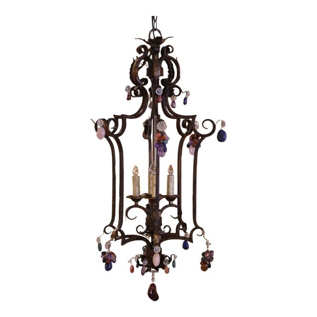 Mid-Century French Louis XV Style Iron and Crystal Four-Light Lantern For Sale