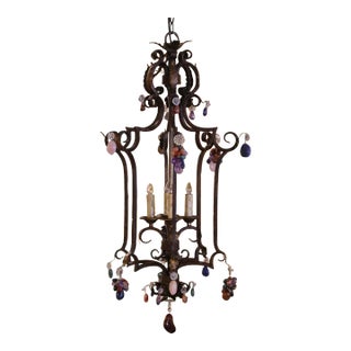 Midcentury French Louis XV Iron and Crystal Pendants Four-Light Ceiling Lantern For Sale