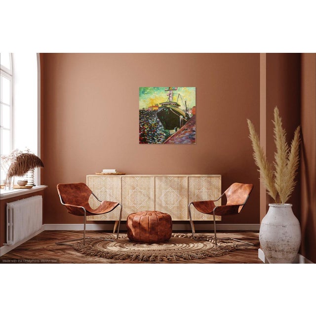 Contemporary Martha Holden, Large "Ship in the Harbor" Contemporary Expressionist Style Nautical Oil Painting For Sale - Image 3 of 11