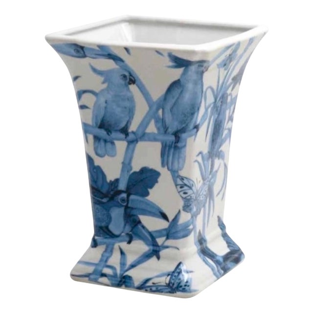 Square Blue Parrot Ceramic Vase by Quain and Quantity For Sale